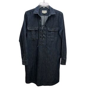 Ralph Lauren Denim & Supply Lace Up Dark Wash Shirt Dress L Long Sleeves Pockets